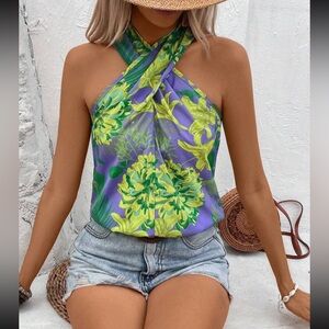 Boho floral print tie back halter top